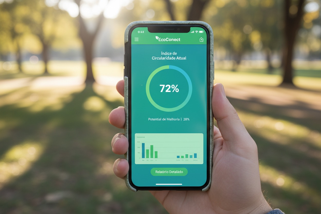 quero um celular que tenha na tela o aplicativo da EcoConect informando um indice de circularidade com uma porcentagem de 72%, o relatorio precisa informar o indice de circularidade atual e um percentual restante que indica o potencial de melhoria